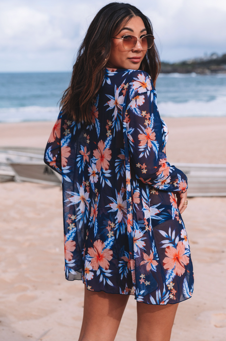 Blue Floral Bikini Set with Swimsuit Cover up