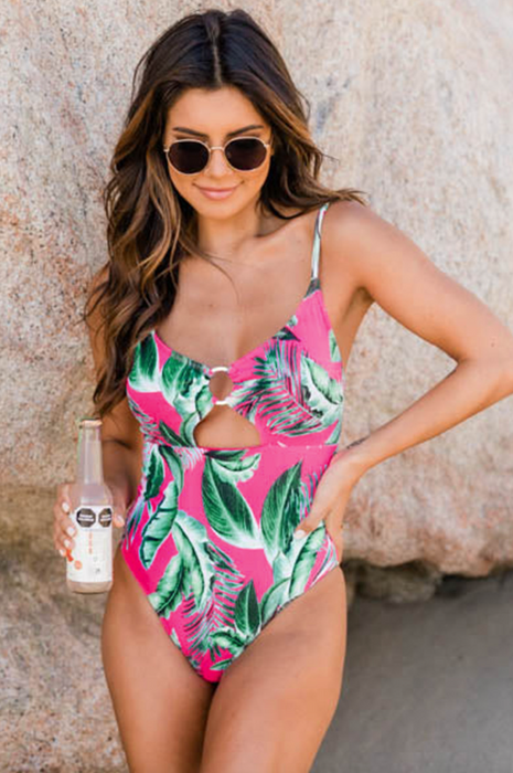 Rose Palm Leaf Print O-ring Cutout Decor One Piece Swimsuit