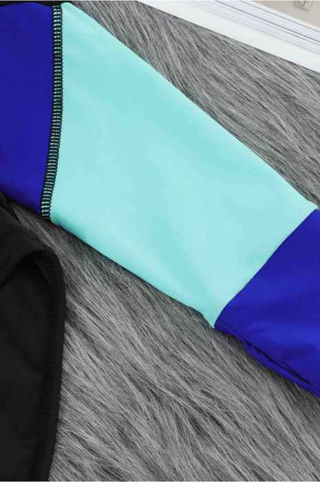 Blue Color Block Zipper Long Sleeve Rash Guard Swimwear