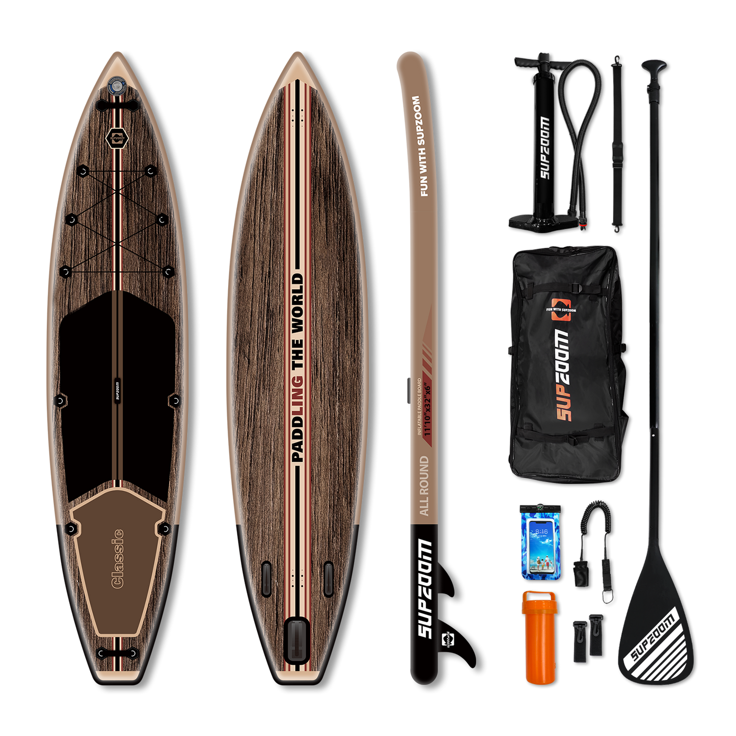 All around 11'10'' inflatable stand up paddle board | Supzoom classic wood grain style