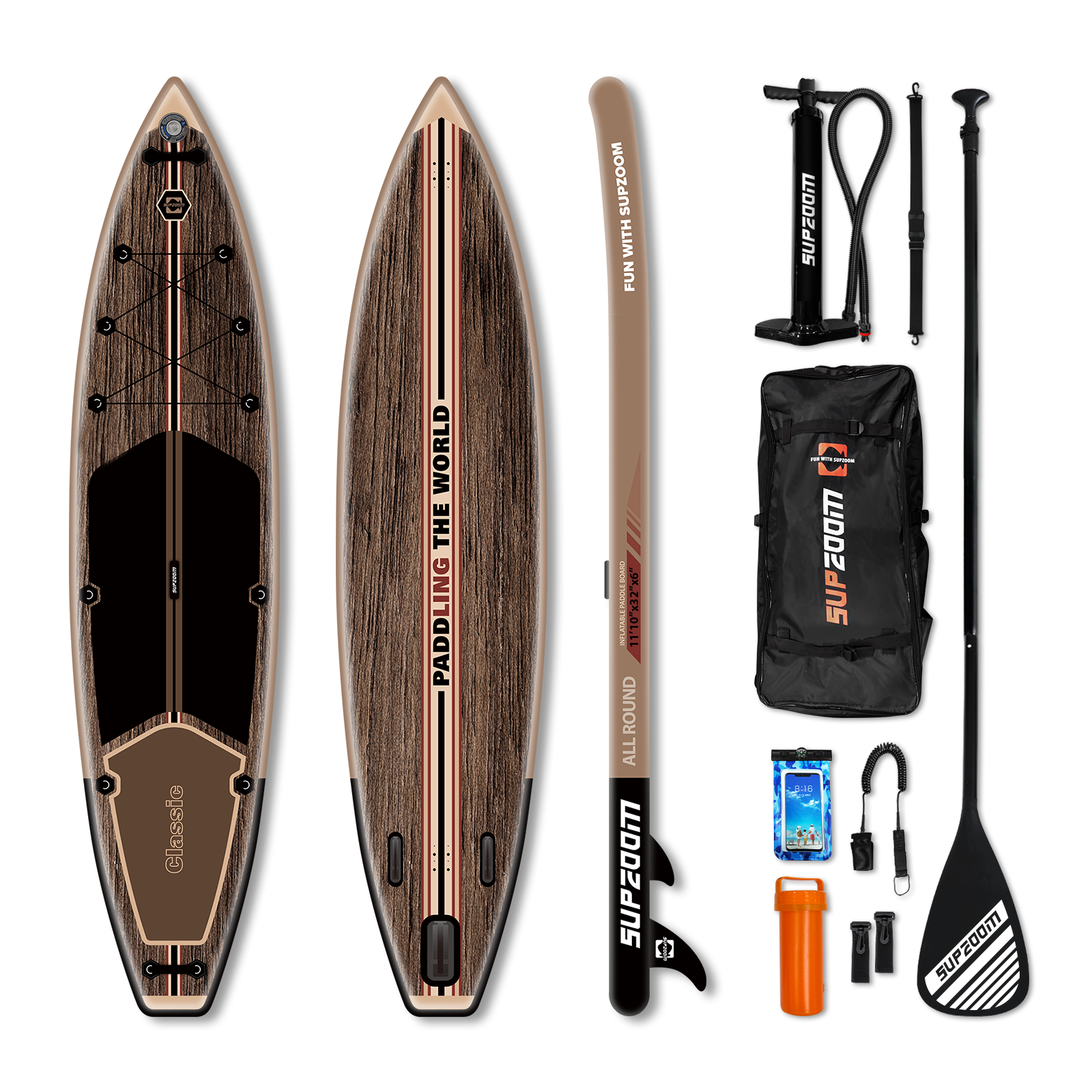 All around 11'10'' inflatable stand up paddle board | Supzoom classic wood grain style