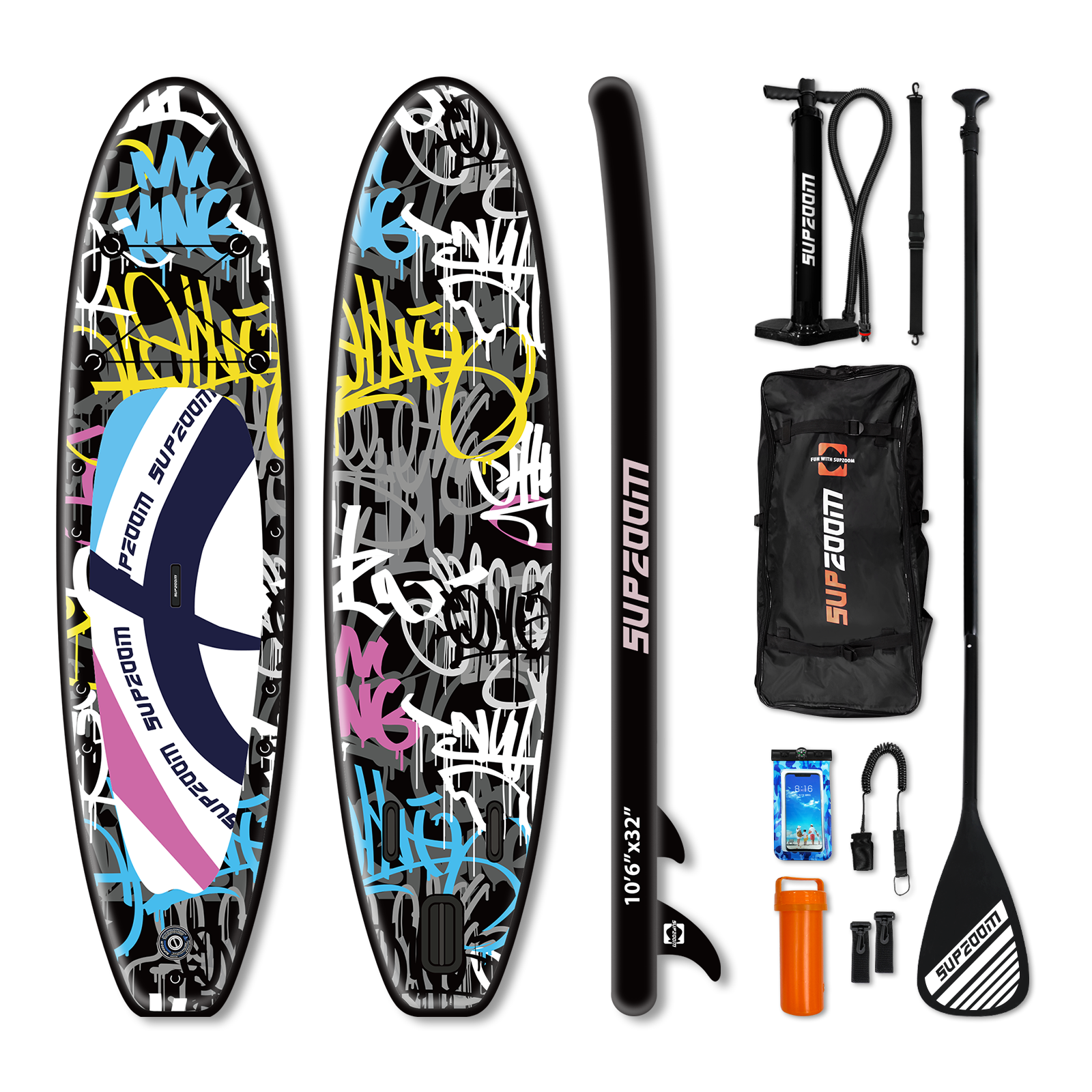 All round 10'6" inflatable stand up paddle board | Supzoom font graffiti style
