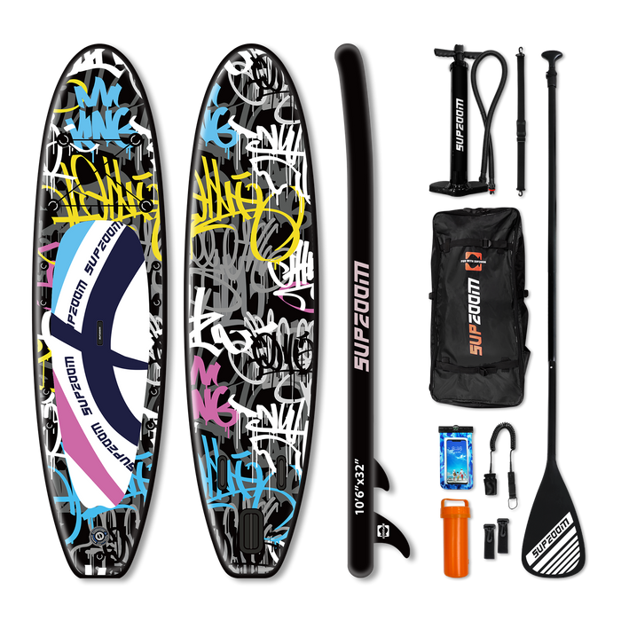 All round 10'6" inflatable stand up paddle board | Supzoom font graffiti style